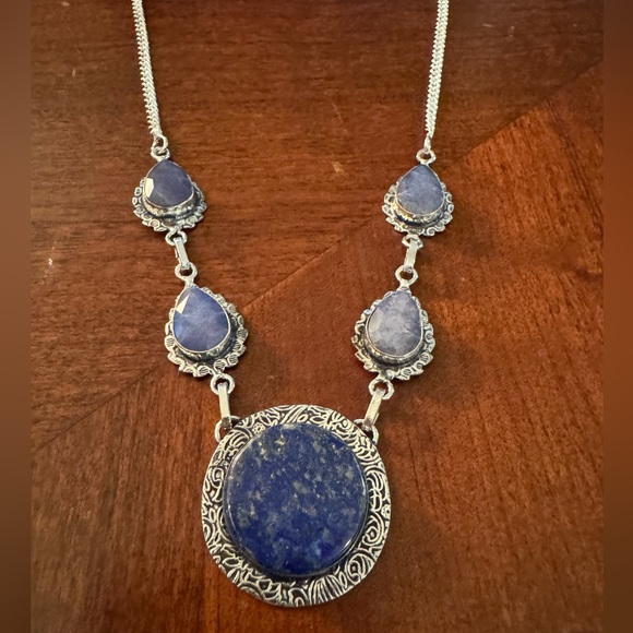 Lapis Lazuli Simulated Sapphire Gemstone Necklace Boho Handmade Jewelry 26 Gms - Picture 3 of 7